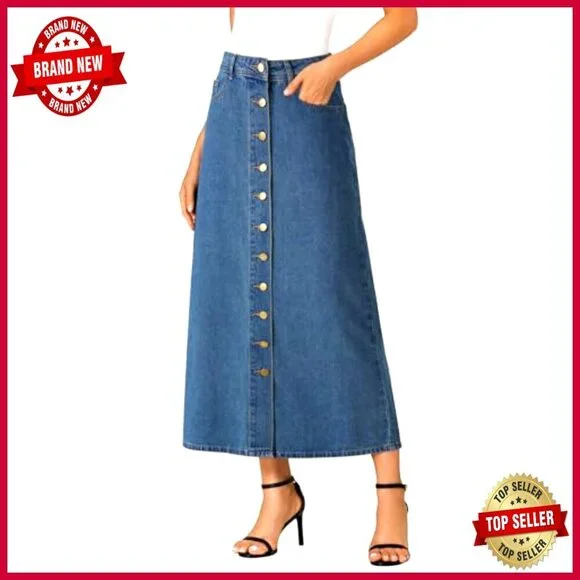 A Line Denim Midi Skirt High Waist Button Down Casual Elegant Retro Chic - Picture 3 of 7
